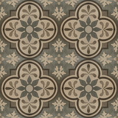 Seamless beige brown gray grey vintage retro geometric square mosaic motif cement tiles with flower leaves print texture background square