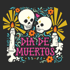 Vector hand drawn illustration of Mexican holiday "Day of the Dead". The postcard with the frame of marigold flowers and candles and lettering "Dia de Muertos"