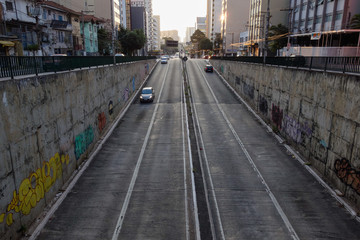 Fototapeta premium Francisco Matarazzo avenue. Streetview of Vehicle traffic and buildings at evening, in Sao Paulo, Brazil