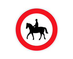 Obraz premium No riding a horse Prohibiting sign not fleeing horses rider Equestrians Do not enter or cross forbidden to entry for jockey Stop road sign, horses are not allowed Flat vector gallop pictogram No ban