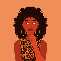 Pretty Brunette Confused Black Afro Thinking Woman, Young Lady, Girl Looking Aside. Perception, Reflection, Make a Choice Concept. Hand Near the Face. Vector Illustration. Portrait, Avatar. Front View