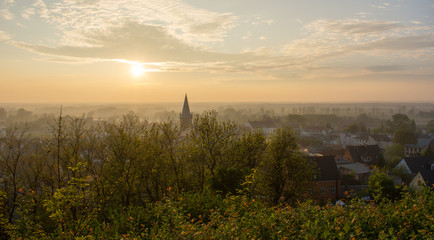 Obraz premium Panorama of Czarnków city during sunset.