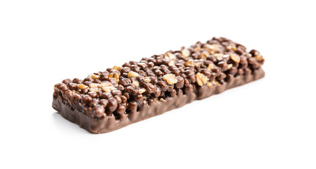 Chocolate cereal bar. Tasty protein bar.