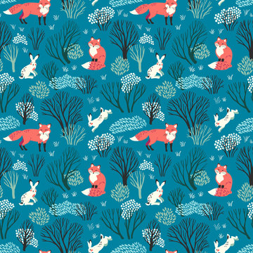 Vector seamless pattern with foxes and hares in the woodland