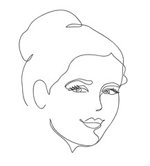 Beautyfull girl face. Attractive young woman portrait female beauty concept. Continuous line drawing. Black and white vector illustration