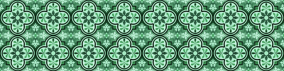 Seamless dark green vintage retro geometric square mosaic motif cement tiles with flower leaves...