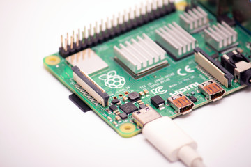 Kiev, Ukraine - August 13th, 2020: Connected to power supply by USB 3.0 type C cord SBC budget...