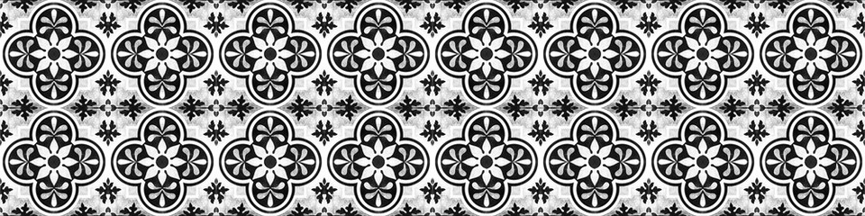 Black white vintage retro geometric square mosaic motif cement tiles with flower leaves print texture background banner panorama wallpaper