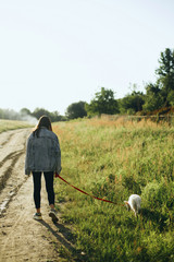 Stylish hipster girl walking with cute white puppy in summer park. Young woman on a walk with her...