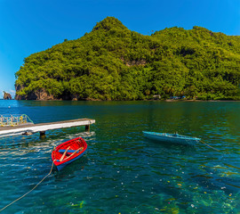 A view of small boats moored at Wallilabou Anchorage, Saint Vincent