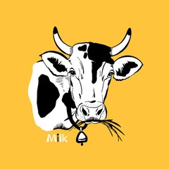 cow head vector vintage illustration for design, on a yellow background 