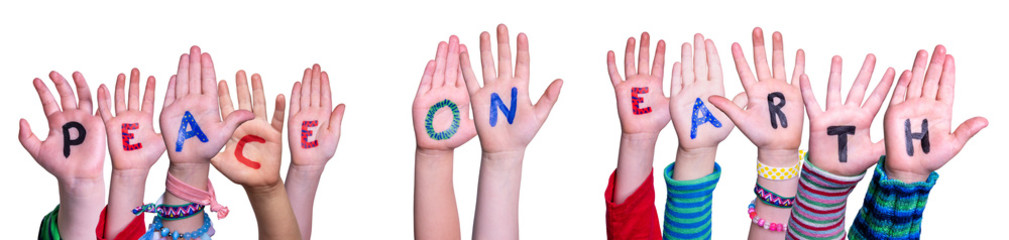 Children Hands Building Quote Peace On Earth, Isolated Background