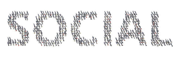 Aerial overhead view of people and their shadows making up SOCIAL word. 3d rendering