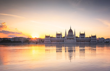 Hungarian Parliament in a fantastic colorful sunset, Budapest, Hungary