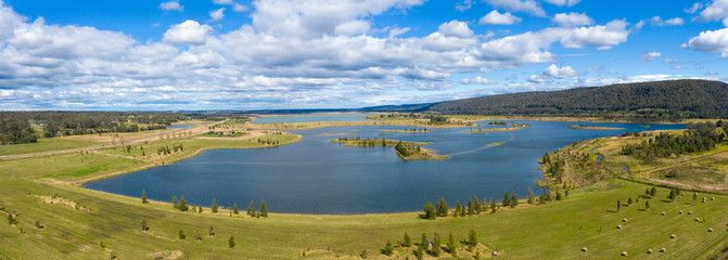 Fototapeta na wymiar Aerial photograph of a large fresh water reservoir near Castlereagh in New South Wales in Regional Australia