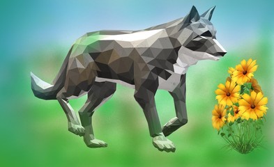 3d image: wolf and yellow flower. 