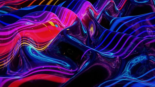 Looped abstract fluid background multicolor marble style. Beautiful glossy wavy surface of liquid with pattern, gradient color and flow waves on it. Creative bright bg with soft smooth animation.