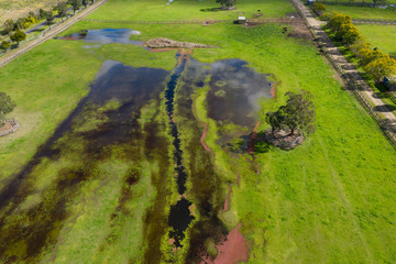 Aerial photograph of flooding in an agricultural field in New South Wales in Regional Australia