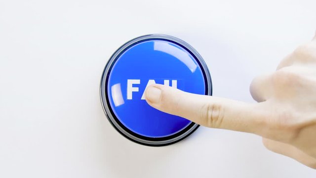 Pushing, hitting a big blue glossy fail button on white background. Woman pressing the fail meme button with finger, hand and fist. Concept of failing, bad luck, losing the game. Something went wrong.