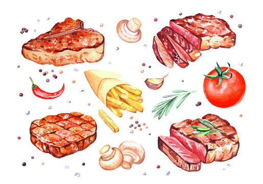 Watercolor grilled beef steaks with mushrooms champignon, pepper, tomato, rosemary, fries. Hand drawn illustration isolated on white.