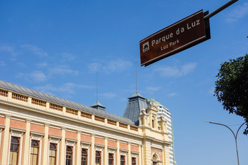 exterior view of building of Luz Station and Museum of Portuguese Language in Sao Paulo city. famous urban train station