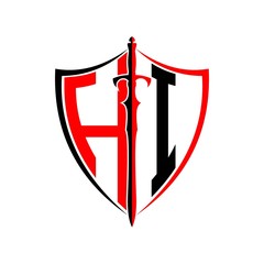 initials H I Shield Armor Sword for logo design inspiration