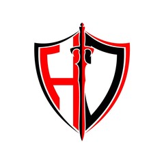 initials H J Shield Armor Sword for logo design inspiration