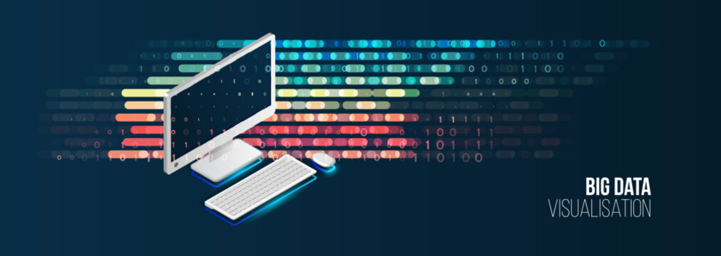 Big data visualization banner. Abstract background with lines array and binary code. Connection structure. Data array visual concept for website. Big data connection complex.