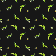 Watercolor Seamless pattern with citrus flowers on a dark background, leaves background. Hand drawn illustration for summer romantic cover, tropical wallpaper, prints for the kitchen, Sicilian style