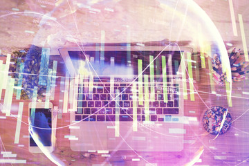 Business theme hologram drawings over computer on the desktop background. Top view. Multi exposure. Concept of international connections.