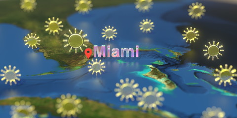 Miami city and sunny weather icon on the map, weather forecast related 3D rendering