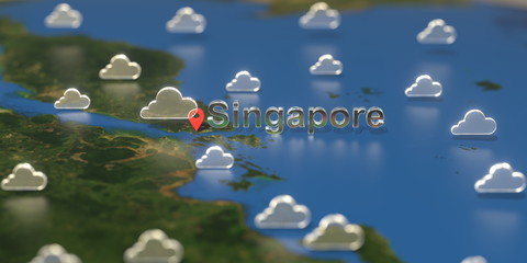 Singapore city and cloudy weather icon on the map, weather forecast related 3D rendering