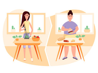 Healthy and unhealthy lifestyle. Vegetables vs burger. Vector flat color illustration