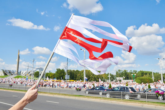 MINSK, BELARUS AUGUST 16, 2020 Thousands Of People Attended A Peaceful Protest Rally Near Minsk Hero City Obelisk, For Constitutional Change Of Power.