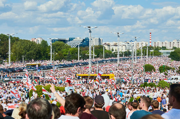 MINSK, BELARUS AUGUST 16, 2020 thousands of people attended a peaceful protest rally near Minsk...