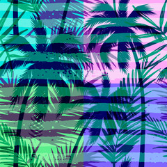 Seamless exotic pattern with tropical palm on geometric background in bright color.