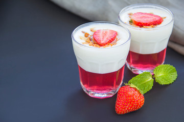 Italian dessert panna cotta with strawberries