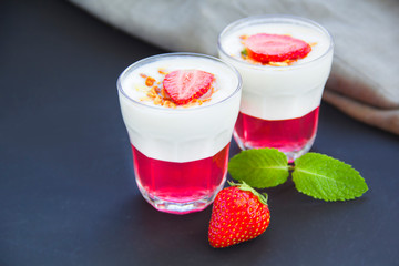 Italian dessert panna cotta with strawberries