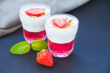 Italian dessert panna cotta with strawberries
