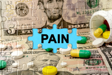Double exposure. Puzzles depicting pills and dollars with the inscription -PAIN