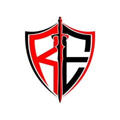 initials R E Shield Armor Sword for logo design inspiration