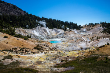 Landscape view of the geothermal features of Bumpass Hell in Lassen Volcanic National Park...