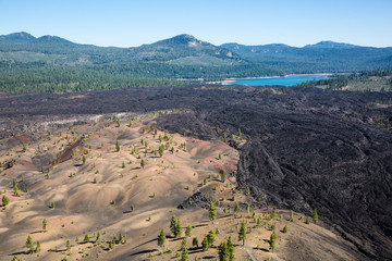 Landscape view of the Fantastic Lava Beds as seen from the top of the Cinder Cone in Lassen Volcanic National Park (California).
