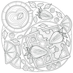  Viennese waffles with coffee and fruit.Coloring book antistress for children and adults. Illustration isolated on white background.Black and white drawing. Zen tangle style