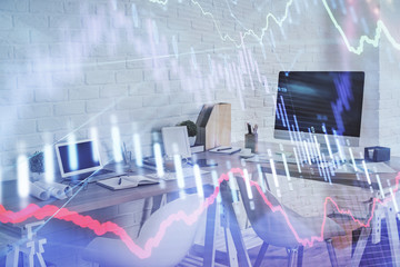 Multi exposure of stock market chart drawing and office interior background. Concept of financial analysis.