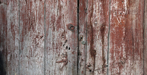 Old wooden door with ring..Close-up of rustic weathered wood door banner.