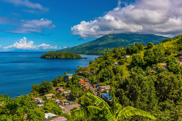 A view past a settlement towards Mount Soufriere in Saint Vincent