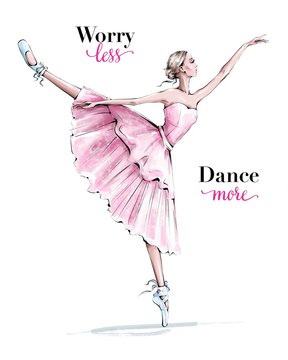 Hand drawn beautiful dancing woman. Pretty ballerina. Girl in blue point shoes. Ballerina in pink dress. Beautiful female ballet dancer. Fashion illustration. 
