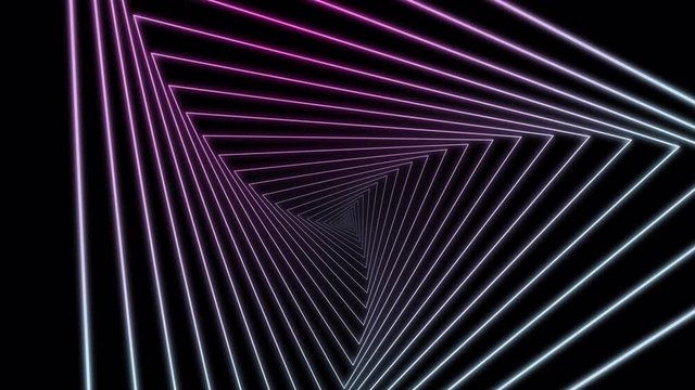 Beautiful Abstract Triangles Moving Fast. Background Futuristic twisted Tunnel with Neon Lights. Animation 4K Ultra HD blue pink spectrum. live wallpaper motion graphics
