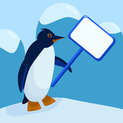 winter illustration for Christmas or new year: a penguin holds a sign with a place to write
